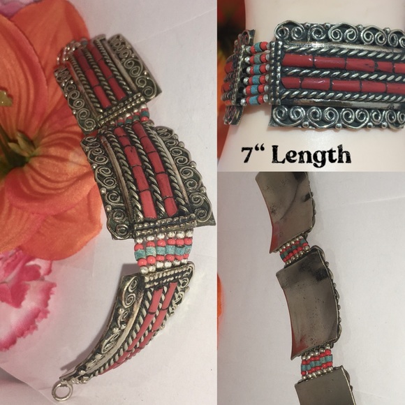 Red Coral Handmade Vintage Brass Turkish Bracelet - Picture 3 of 3